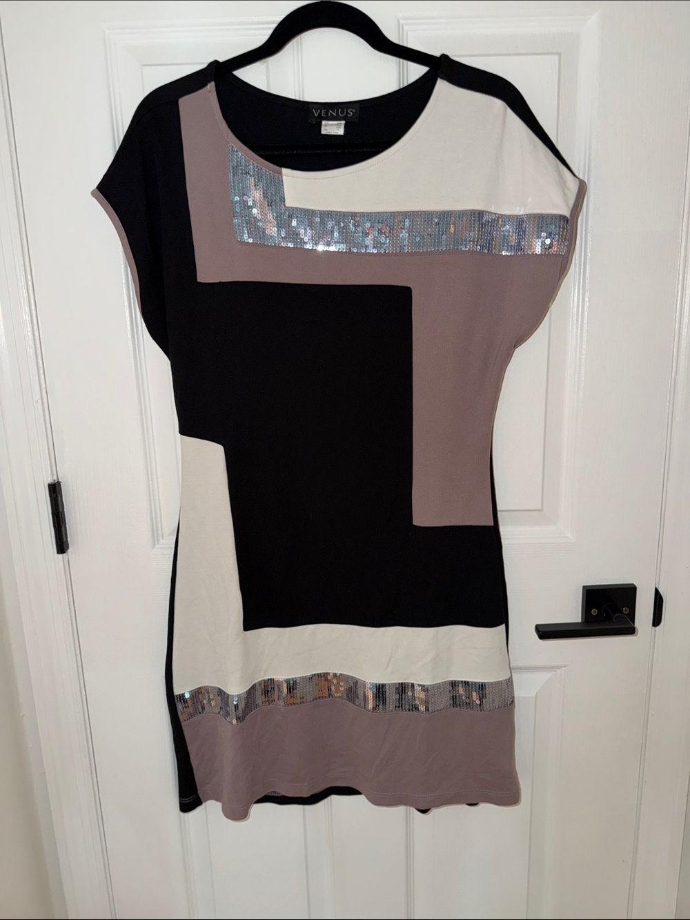 VENUS Colorblock Mini Dress with Sequin Trim - Black, Cream & Taupe